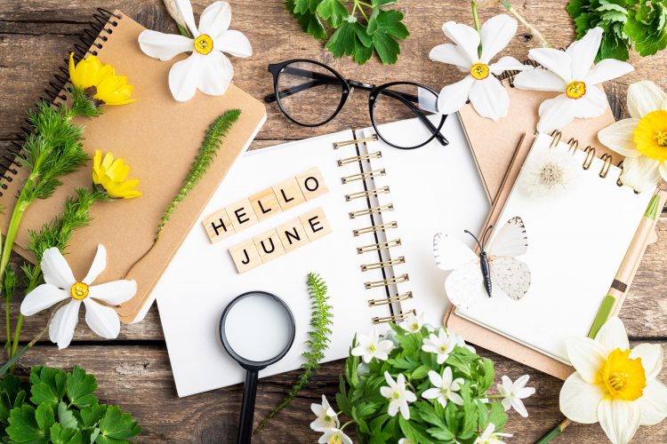 Hello June card, open notebook, flowers and herbs, butterfly, pen, magnifier, glasses