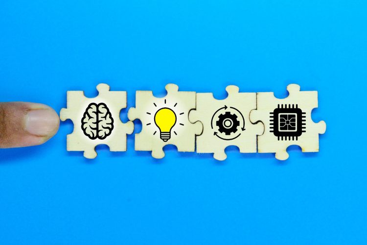 wooden puzzle with brain icons and their functions. The concept of innovation