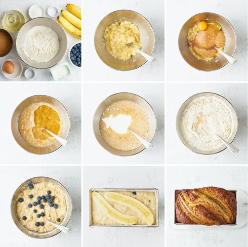 Banana bread. Collage, step by step recipe. Cake with banana and blueberries.