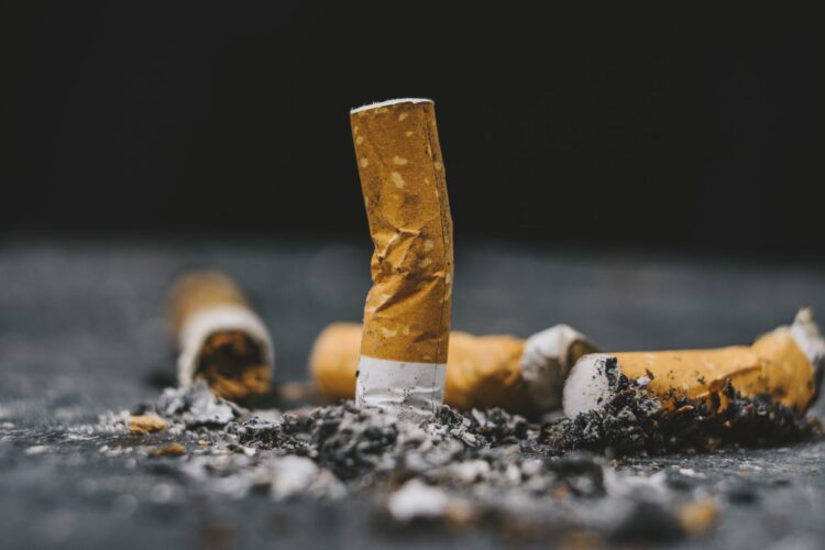 Cigarette butt.Closeup cigarette and cigarette butt on the floor.World No Tobacco Day Concept.