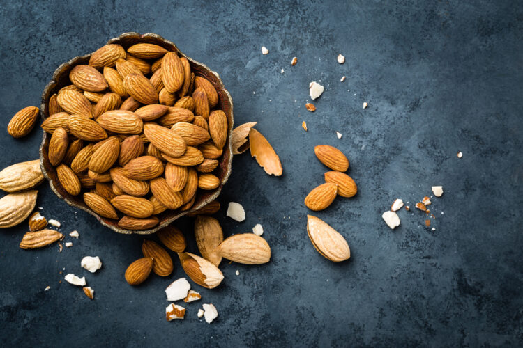 Almond nuts in bowl. Almonds